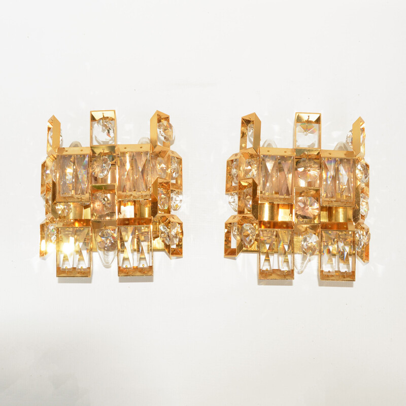 Pair of vintage gold crystal wall sconces by Palwa, Germany 1960