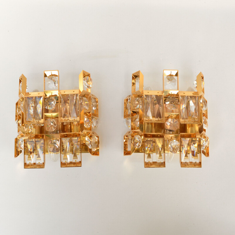 Par de arandelas de parede de cristal dourado de Palwa, Alemanha 1960
