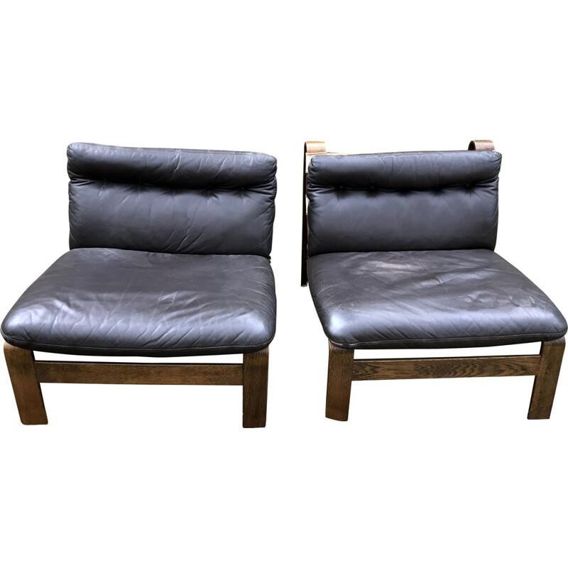 Pair of Vintage Brown Leather Brutalist Armchairs by Carl Straub 1960