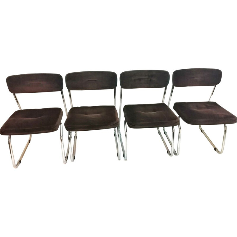 Lot de 4 chaises vintage Steelcase chromées et marron Cantilever 1970 