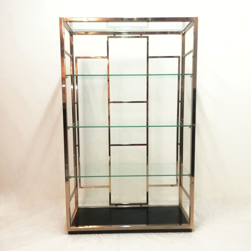 Vintage gold shelving system with glass, 1970