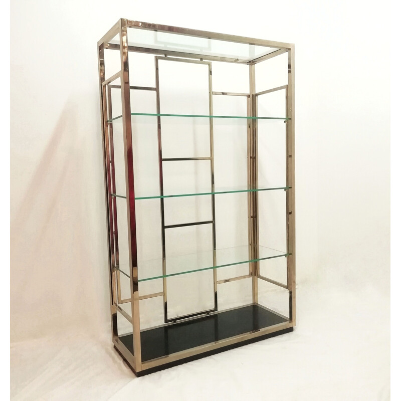 Vintage gold shelving system with glass, 1970