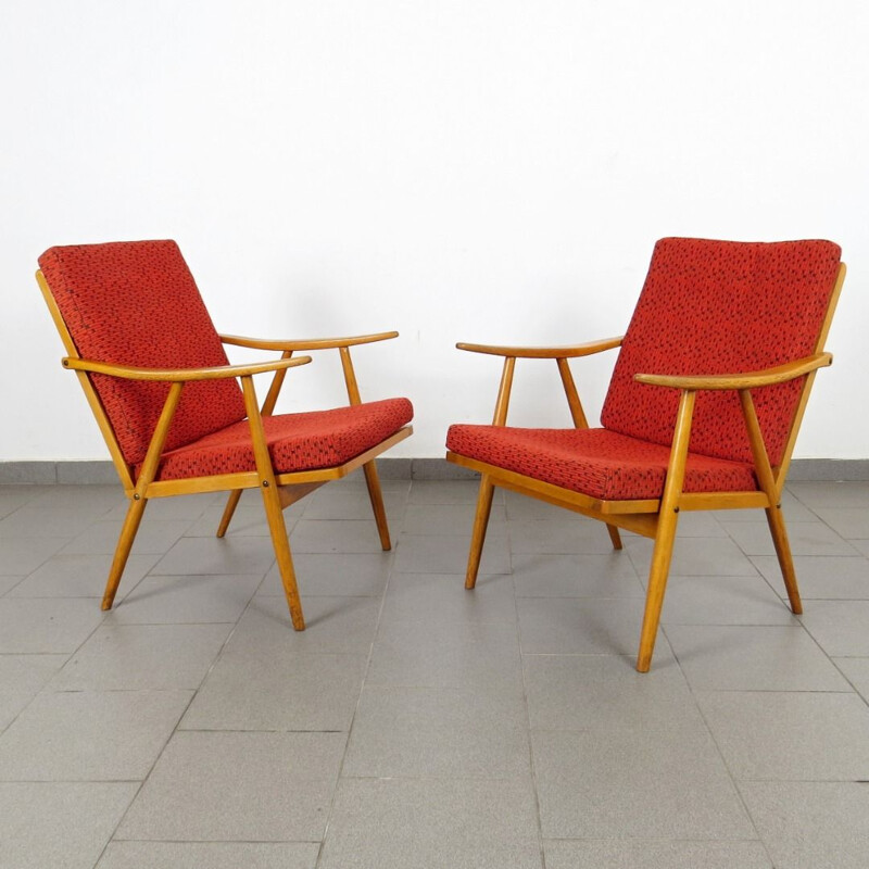 Pair of vintage red armchairs by Ton 1960s