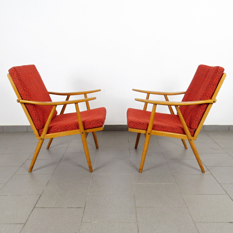 Paire de fauteuils vintage rouges par Ton 1960