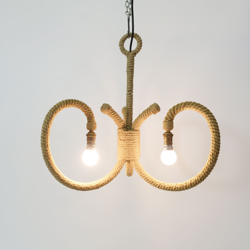 Large vintage chandelier with 3 lights in rope 1960