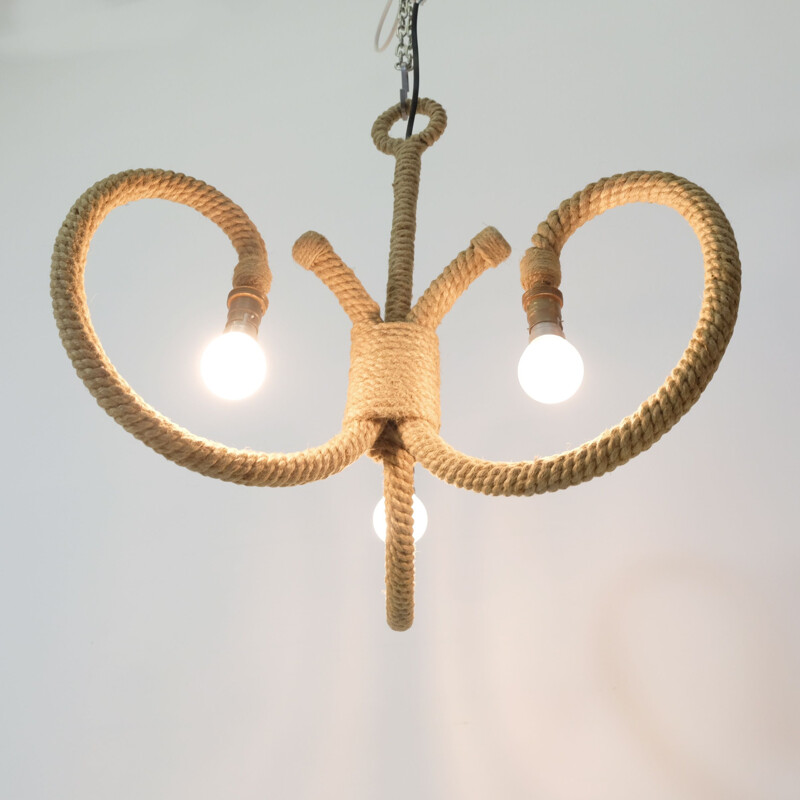 Large vintage chandelier with 3 lights in rope 1960