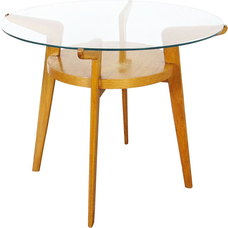 Table basse vintage bois et verre 1960