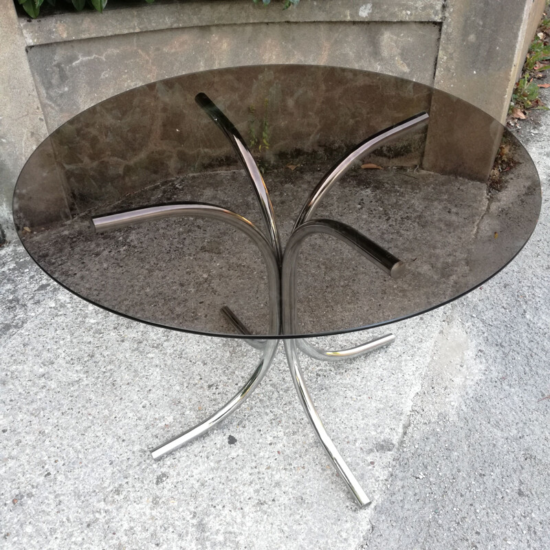 Table vintage ronde en verre fumé 1970