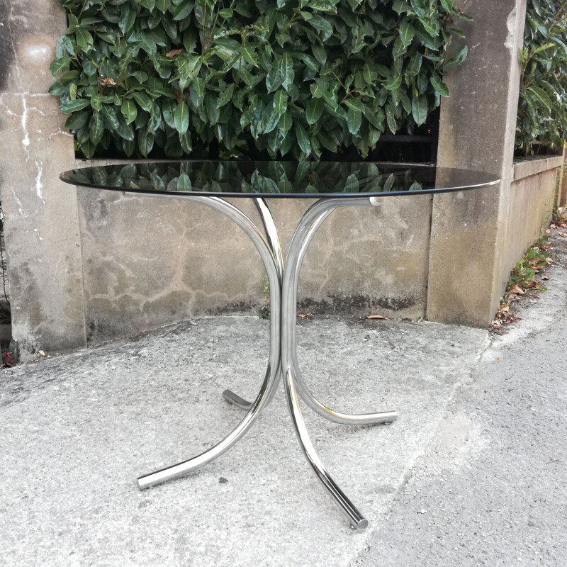 Table vintage ronde en verre fumé 1970