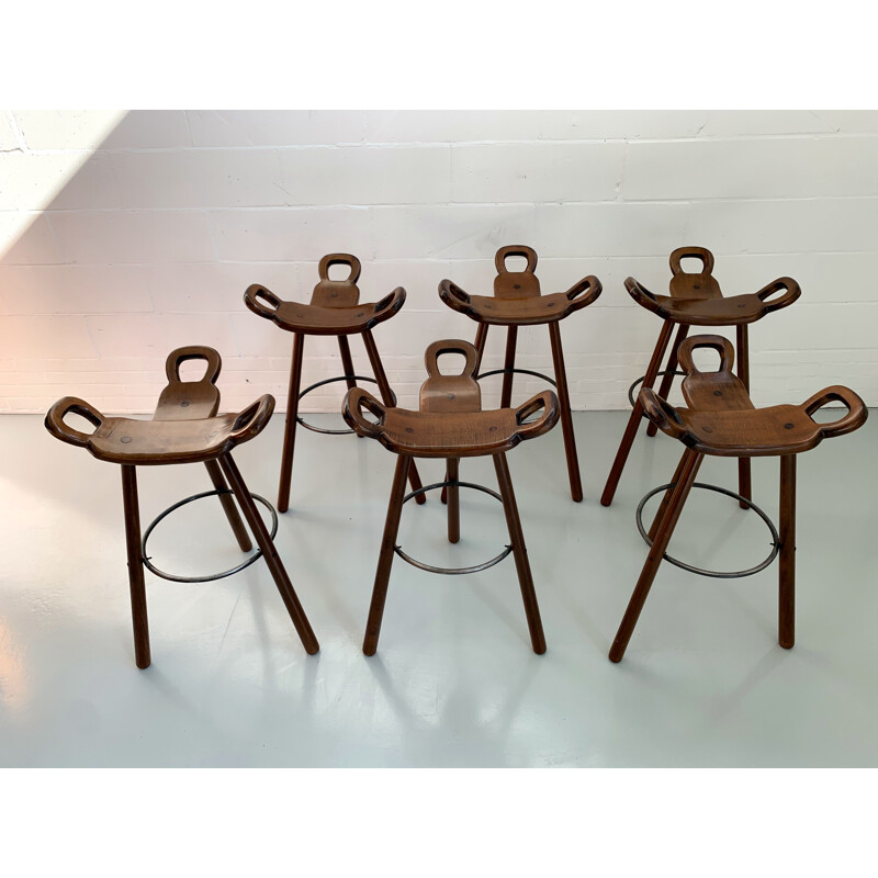 Set of 6 Vintage 'Marbella' Bar Stools Brutalist Spanish 1970