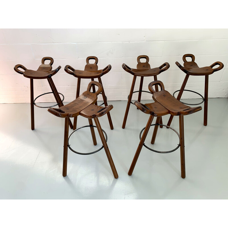 Set of 6 Vintage 'Marbella' Bar Stools Brutalist Spanish 1970