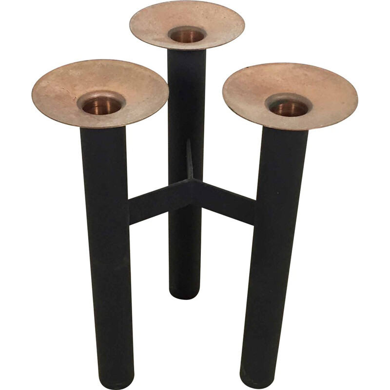 Vintage three-arm candlestick In metal and copper, Denmark 1960