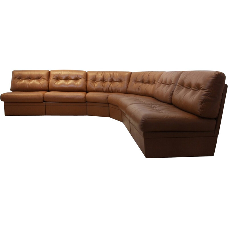 Very large modular corner sofa in cognac leather - 1960s