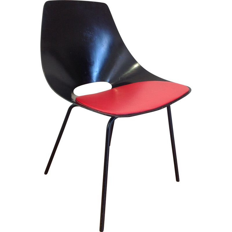 Chaise "Tonneau" Steiner noire et coussin rouge, Pierre GUARICHE - 1950