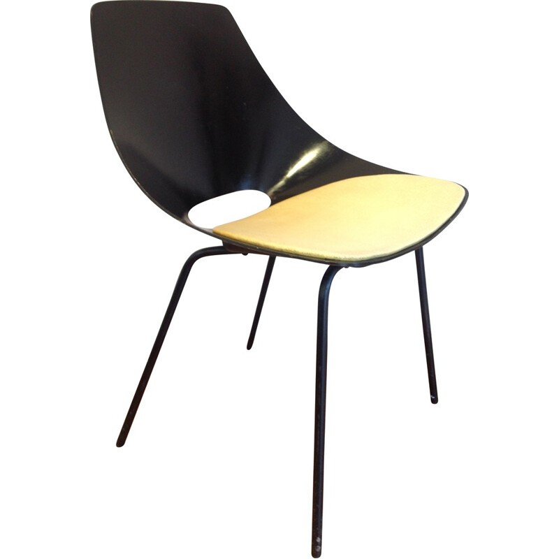 Chaise "Tonneau" Steiner noire et coussin jaune, Pierre GUARICHE - 1950