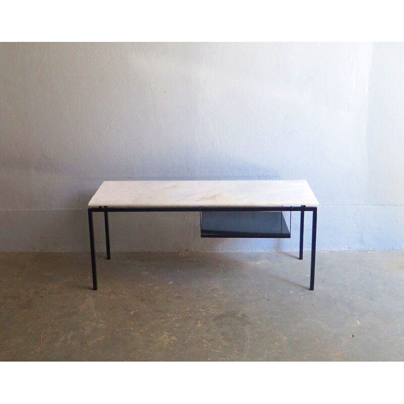 Vintage table Marble and black metal with suspended shelf, 1970s