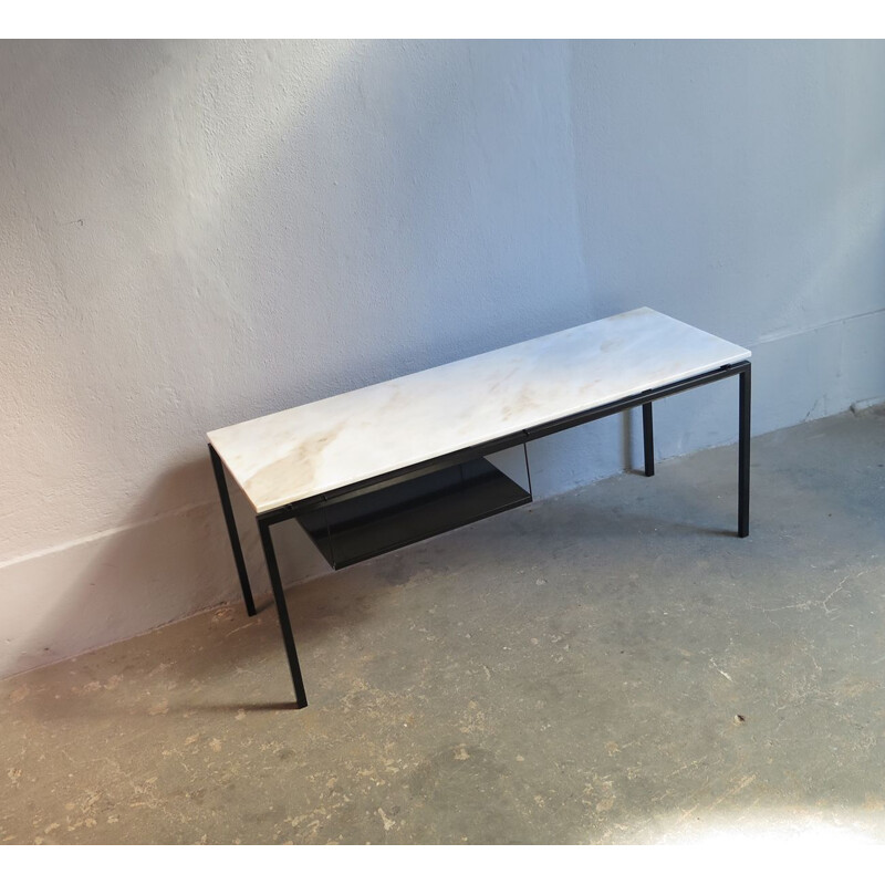 Vintage table Marble and black metal with suspended shelf, 1970s