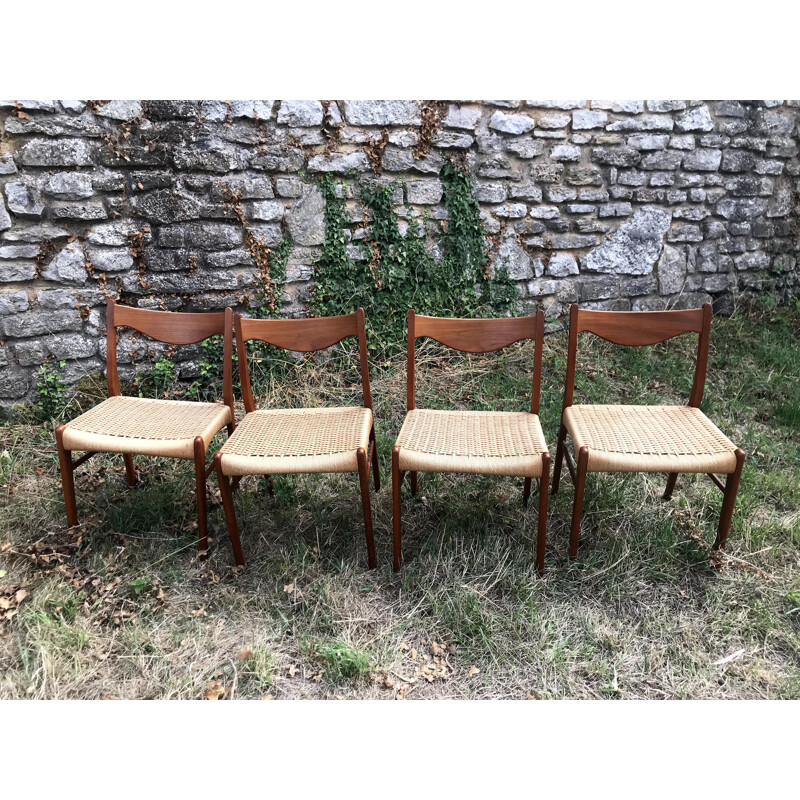 Set of 4 vintage chairs Arne Wahl Iversen teak and rope For Glyngøre Stolefabrik 1960