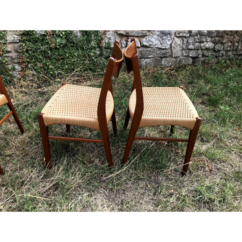 Set of 4 vintage chairs Arne Wahl Iversen teak and rope For Glyngøre Stolefabrik 1960