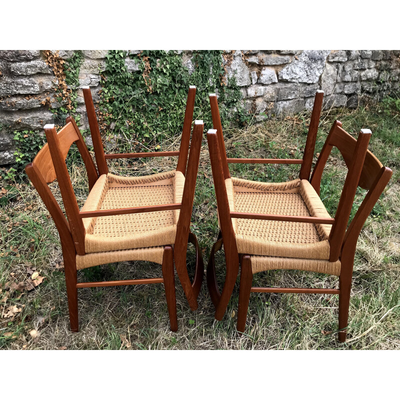 Set of 4 vintage chairs Arne Wahl Iversen teak and rope For Glyngøre Stolefabrik 1960