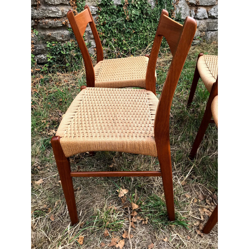 Série de 4 vintage Chaises Arne Wahl Iversen teck et corde Pour Glyngøre Stolefabrik 1960