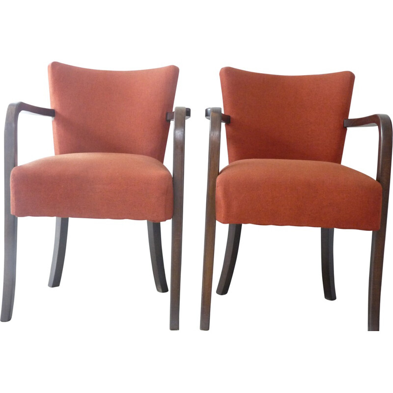 Pair of bridge armchairs in orange and beech wood - 1950s