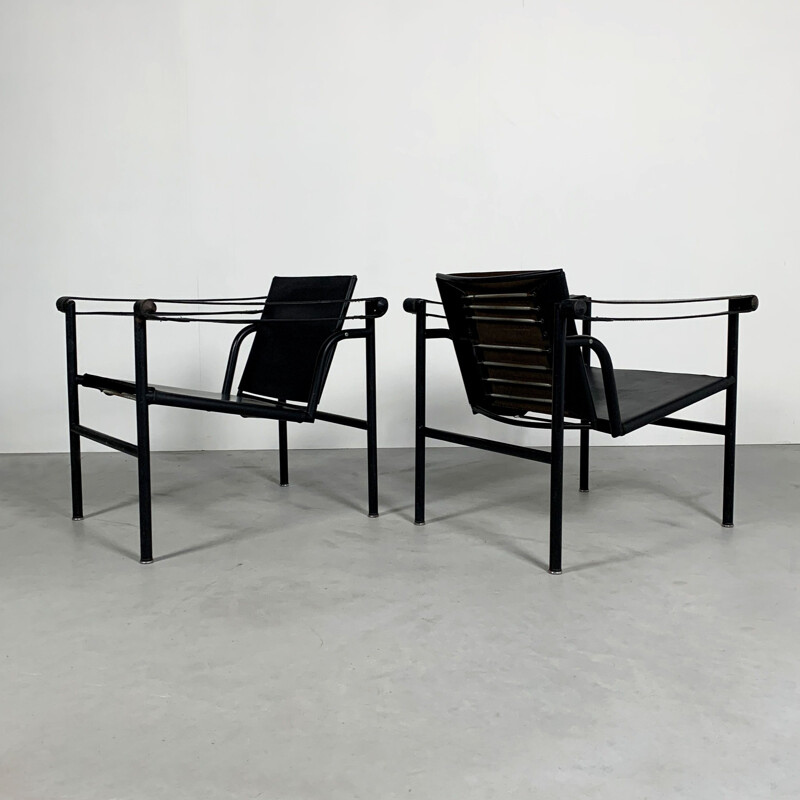 Pair of vintage Full Black LC1 Armchairs by Le Corbusier for Cassina, 1970s