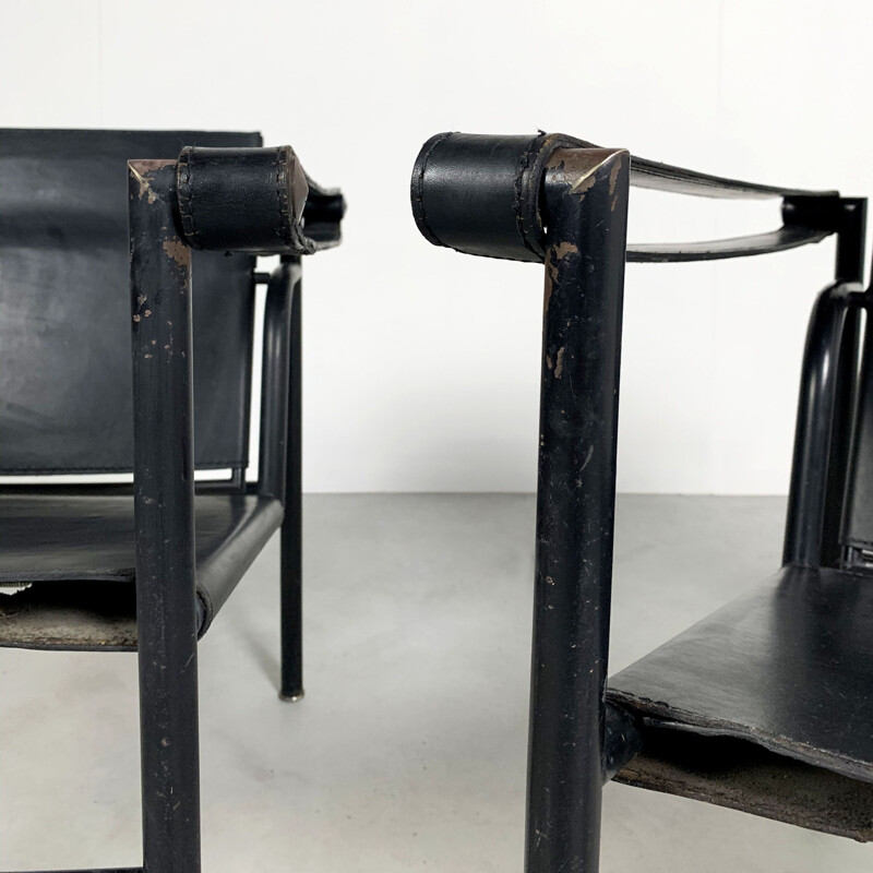 Pair of vintage Full Black LC1 Armchairs by Le Corbusier for Cassina, 1970s