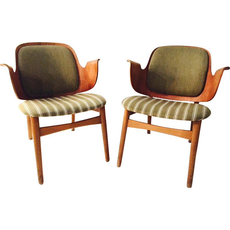 Pair of Scandinavian armchairs in oak and fabric, Hans OLSEN - 1950s