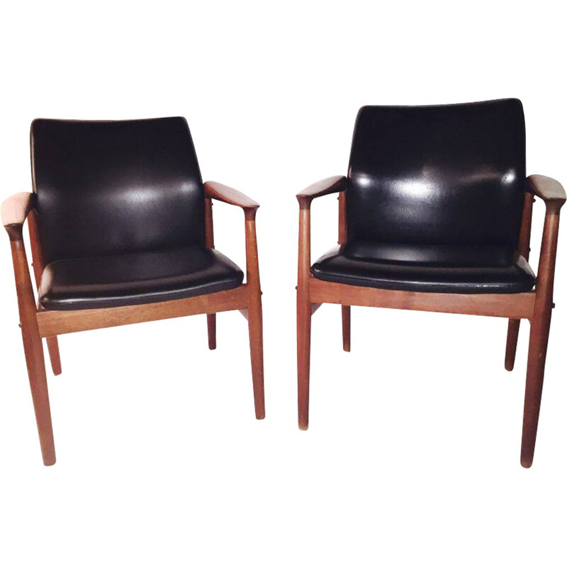 Pair of Scandinavian armchairs in teak and leather, Grete JALK - 1960s