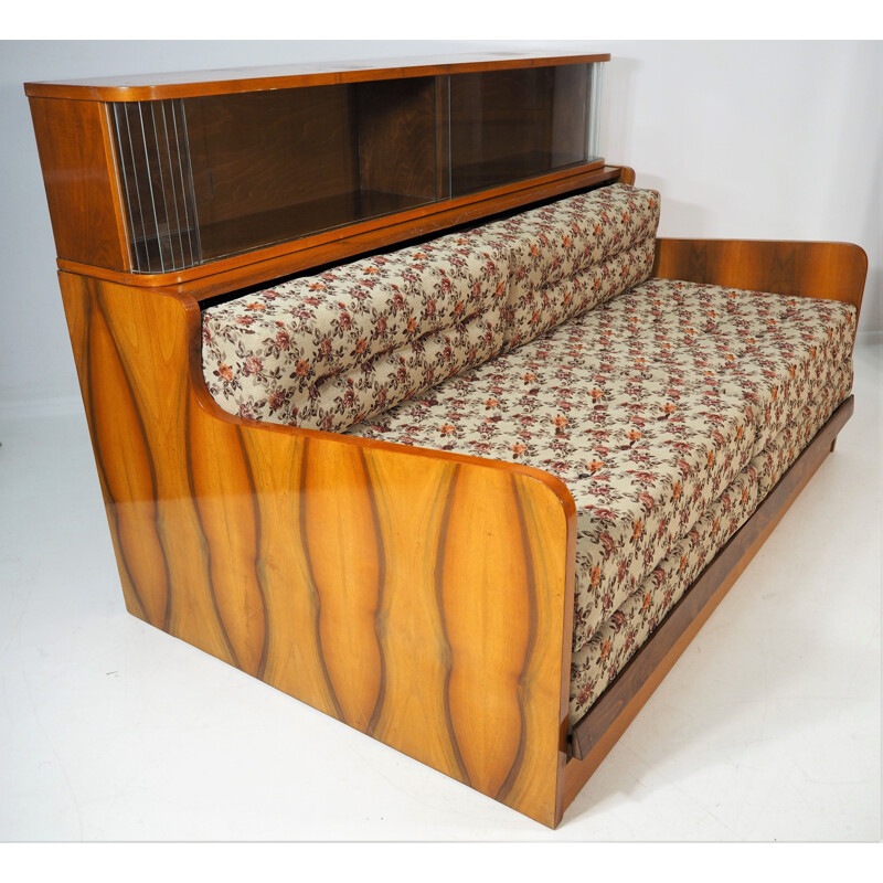 Vintage Walnut Sofa Bed, Art Deco 1950s