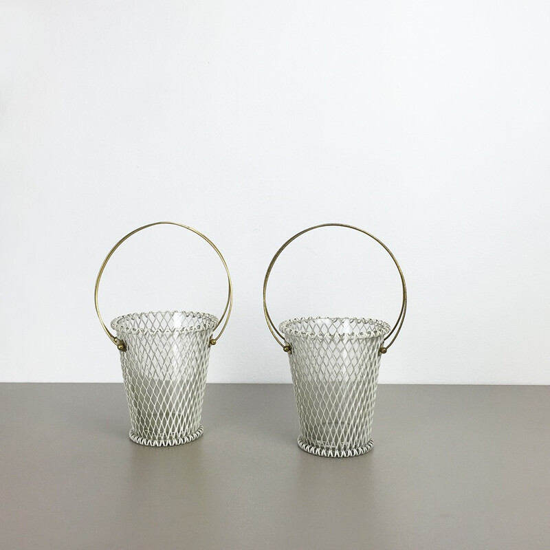 Set of 2 plant pots in lacquered metal, glass and brass - 1960s