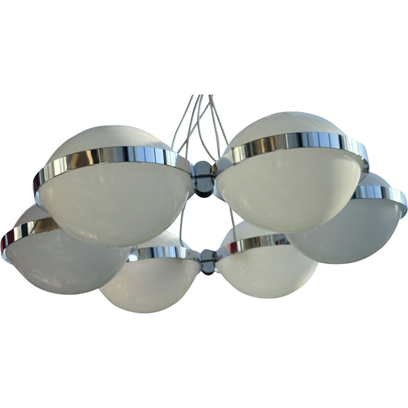 Vintage chandelier 6 globes chromed metal and plexi Vest Autchen 1970