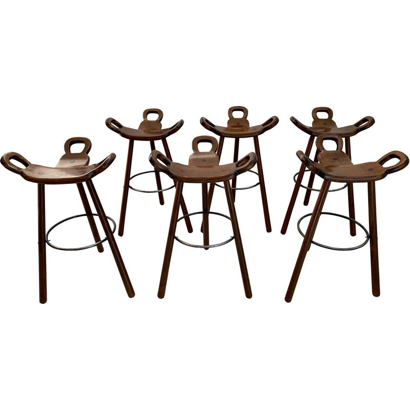 Set of 6 Vintage 'Marbella' Bar Stools Brutalist Spanish 1970