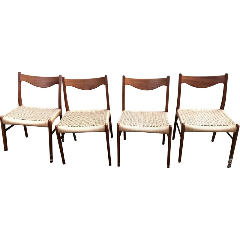 Set of 4 vintage chairs Arne Wahl Iversen teak and rope For Glyngøre Stolefabrik 1960