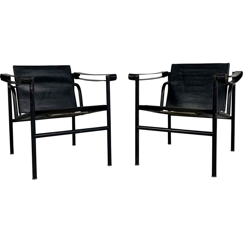 Pair of vintage Full Black LC1 Armchairs by Le Corbusier for Cassina, 1970s