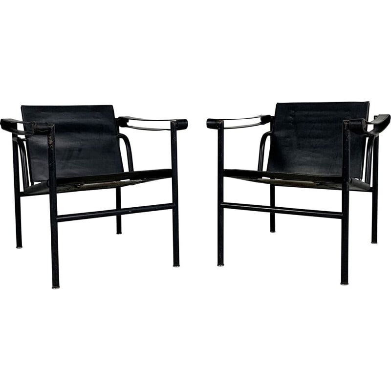 Paire de fauteuils vintage Full Black LC1 de Le Corbusier pour Cassina 1970