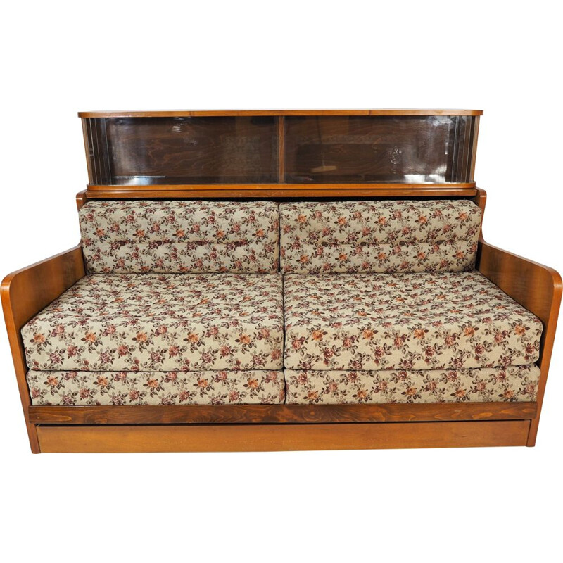 Vintage Walnut Sofa Bed, Art Deco 1950s