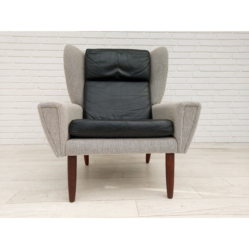 Fauteuil vintage avec coussins en laine et cuir Danois 1970