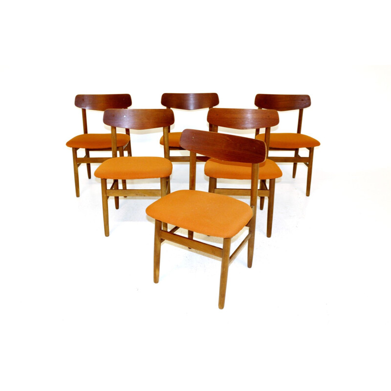 Set of 6 vintage teak and beech chairs, Denmark 1960