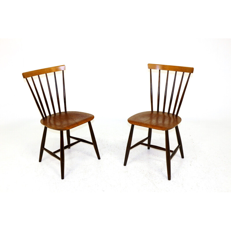 Pair of typical Swedish vintage teak and beech stick chairs