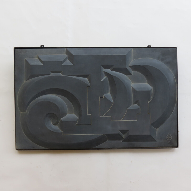 Vintage Hand Carved Modernist Abstract Blue Slate Wall Plaque 1960s