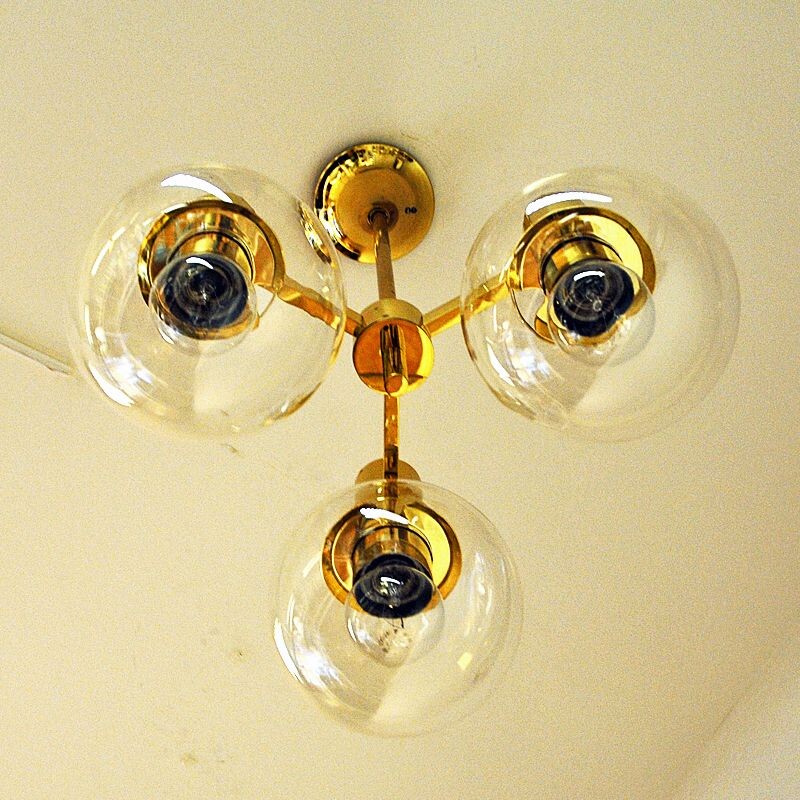 Vintage Brass Ceiling Lamp with three downwards glass domes Sweden 1960s