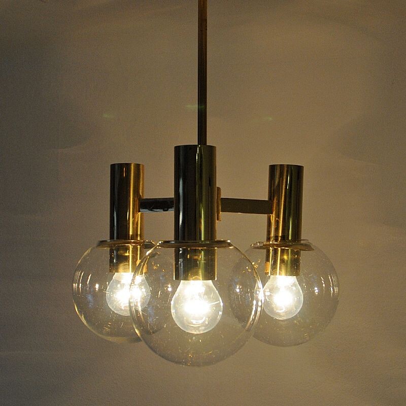 Vintage Brass Ceiling Lamp with three downwards glass domes Sweden 1960s