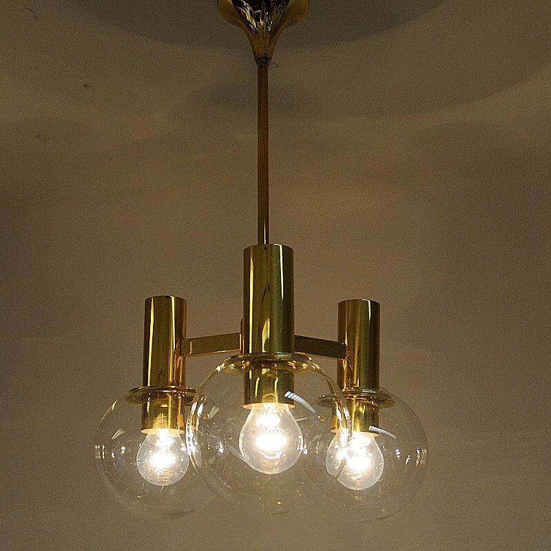 Vintage Brass Ceiling Lamp with three downwards glass domes Sweden 1960s