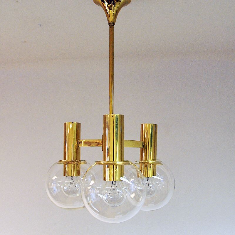 Vintage Brass Ceiling Lamp with three downwards glass domes Sweden 1960s