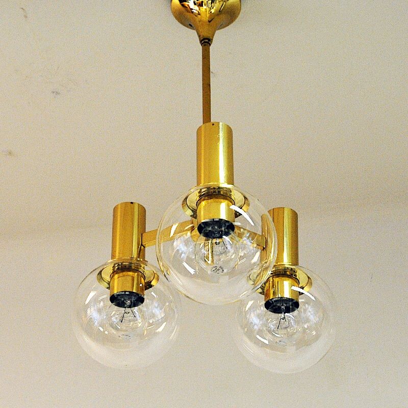 Vintage Brass Ceiling Lamp with three downwards glass domes Sweden 1960s