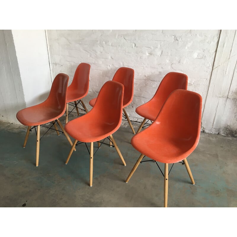 Set of 6 vintage dining chairs orange DSW  by Charles & Ray Eames