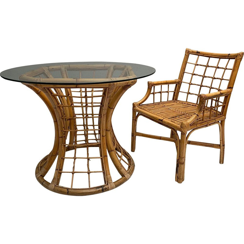 Mesa Vintage em rattan e vidro