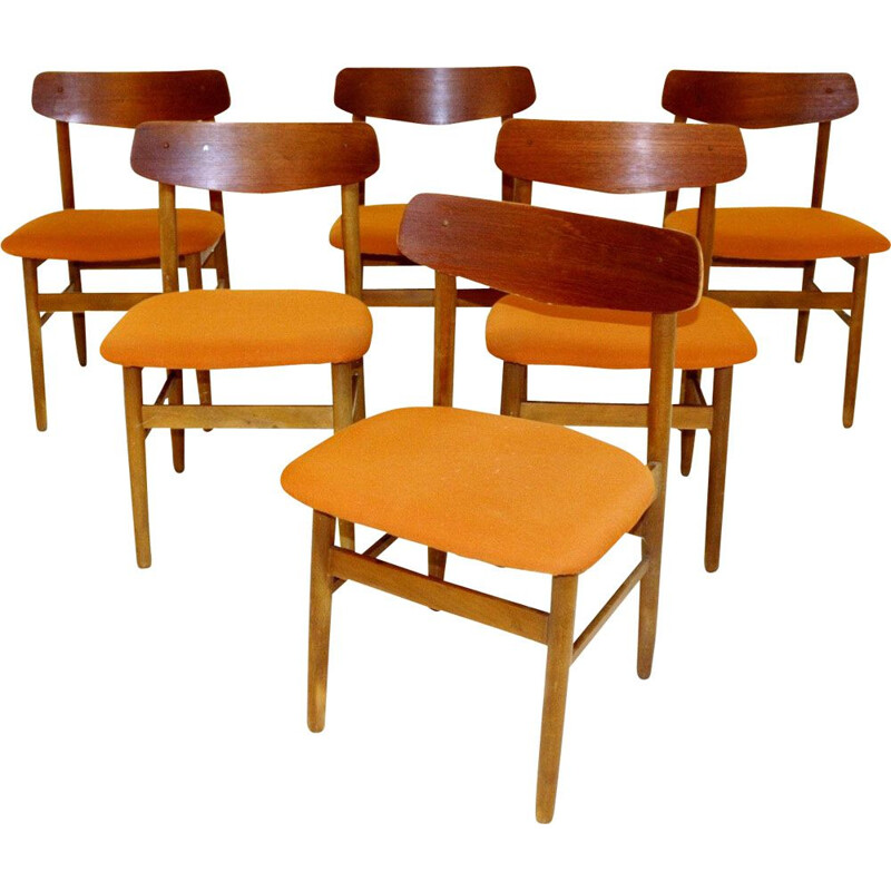 Set of 6 vintage teak and beech chairs, Denmark 1960